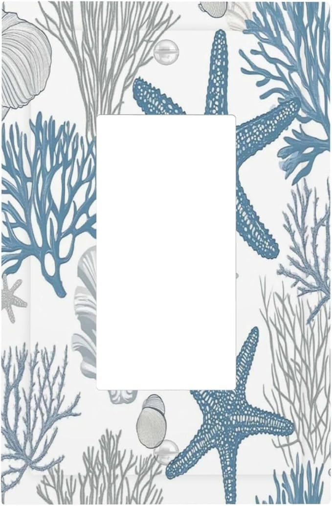 Blue Starfish Nautical Beach Conch Coastal Coral Shell Decorative Outlet Covers 1 Gang Single Rocker Light Switch Cover Plate Wall Plates Gfci Faceplate For Kids Room Bathroom Decor