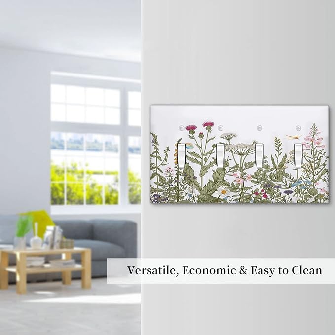 Rustic Wild Floral Vintage Teal Botanical Quad Toggle Light Switch Cover Decorative 4 Gang Switch Plates Cover for Bathroom Home Living Room Decor 8 X 4.5 In