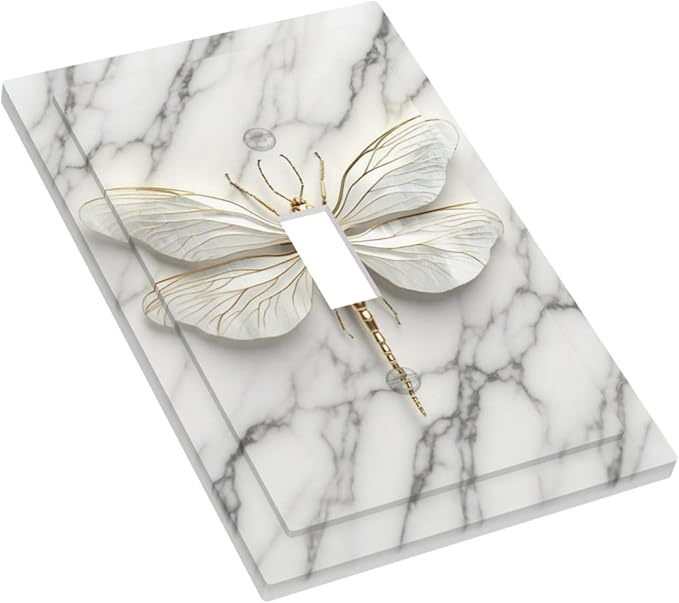 White Gold Marble Dragonfly Abstract Modern Decorative Light Switch Cover 1 Gang Single Toggle Device Electrical Faceplate Switchplates Decorator Outlet Wall Plate for Bathroom Home Decor