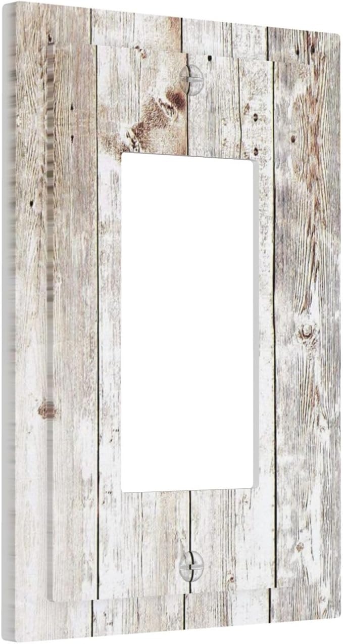 Vintage Light Wood Retro Rustic White Gray Oak Print Decorative Outlet Covers 1 Gang Single Rocker Light Switch Cover Plate Wall Plates GFCI Faceplate for Farmhouse Home Decor