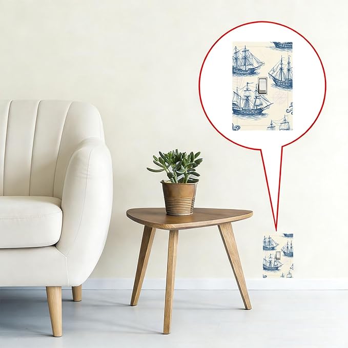 Vintage Nautical Ships 1-Gang Toggle Light Switch Plate, Old World Sailing Vessels Blueprint Design Decorative Wall Plate for Beach House Decor