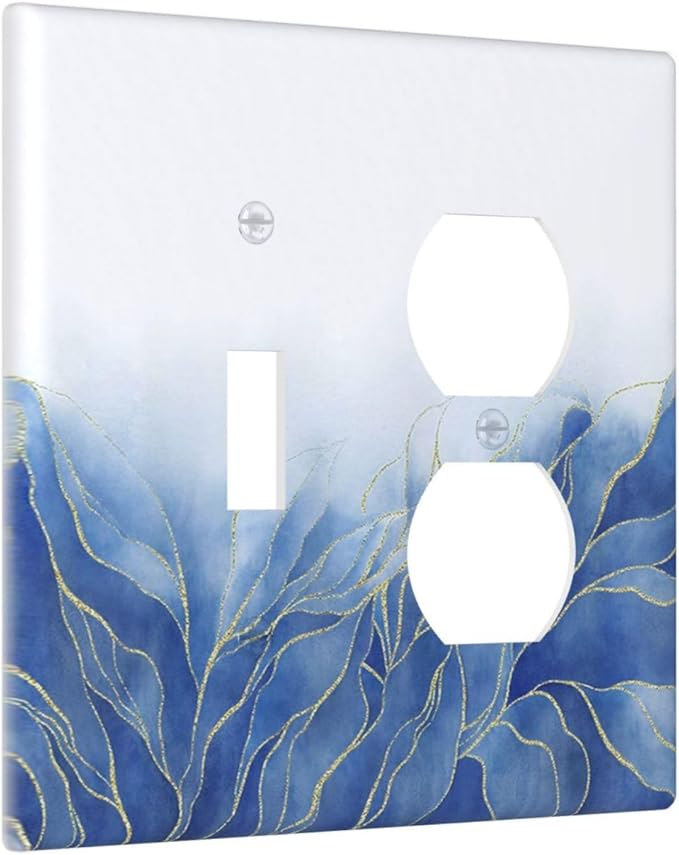 Outlet Covers Blue Gold Leaf Marble Modern Abstract 2 Gang Decorative Switch Plates 1 Toggle Duplex Combo Light Switch Cover GFCI Socket Cover WallPlates for Kitchen Bathroom Decor