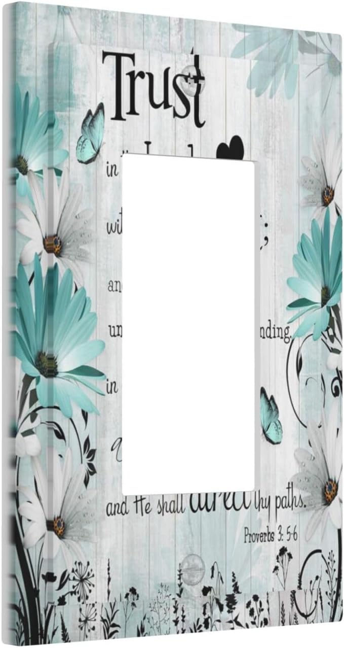Rustic Teal Daisy Bible Verse Wooden Inspirational Quote Decorative Outlet Covers 1 Gang Single Rocker Light Switch Cover Plate Wall Plates GFCI Faceplate for Bedroom Living Room Decor