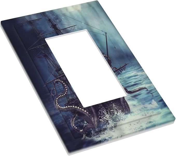 Octopus Ocean Kraken Nautical Pirate Ship 1 Gang Rocker Light Switch Covers Decorative Unique Single Decora Outlet Wall Plate Faceplate Switchplate GFCI for Kitchen Bedroom Bathroom Decor