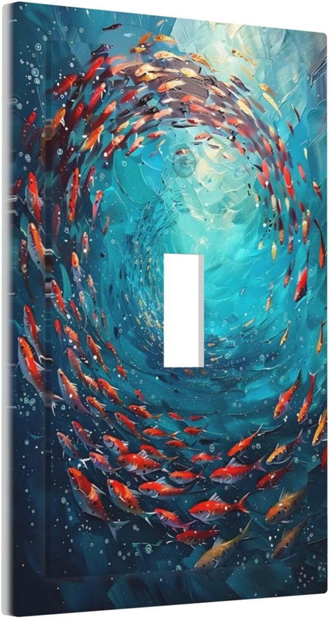Ocean Fish School Of Fish Vortex Deep Sea Decorative Light Switch Cover 1 Gang Single Toggle Device Electrical Faceplate Switchplates Decorator Outlet Wall Plate for Kids Room Bedroom Decor