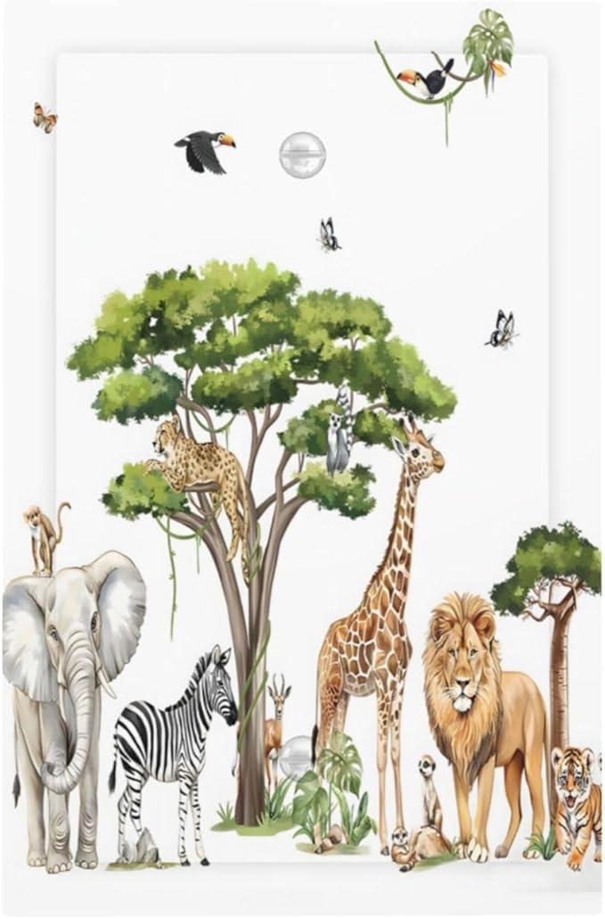 Large Animals Elephant Giraffe Jungle Lion Leopard Zebra Light Switch Cover Plate 1 Gang No Device Blank Electrical Wall Plates Faceplate Decorative Switch Plate Covers for Kids Room Nursery Decor