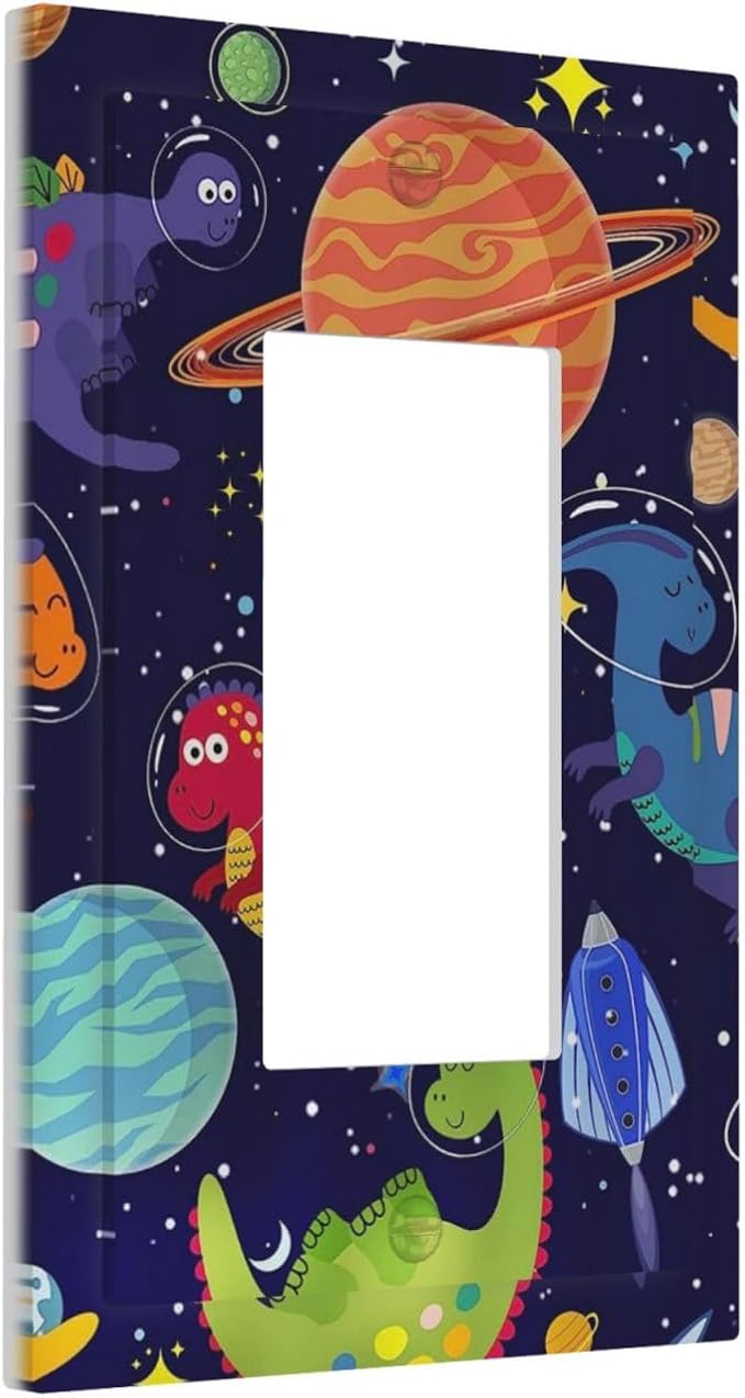 Funny Astronaut Dino Kids Dinosaur Outer Space Nebula Planet Boy Playroom 1 Gang Electrical Decora/GFCI Device Wallplate Single Decorator Rocker Outlet Light Switch Cover Electrical Faceplate Dimmer