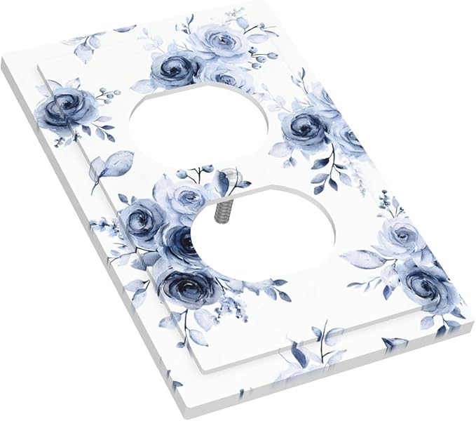 Watercolor Blue Roses Duplex Wall Plate - 1-Gang Standard US Size Serene Floral Outlet Covers, French Country Vintage Bouquet for Farmhouse Homes