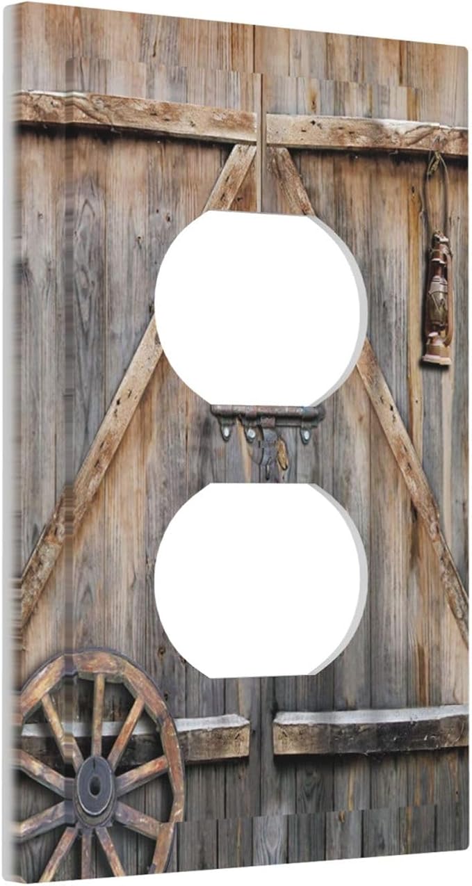 Western Rustic Barn Door Farmhouse Wood Country Garage Cabin Plank 1 Gang Electrical Device Duplex Receptacle Light Switch Outlet Cover Wall Plate Electric Plug Socket Cover Decorative Switchplate