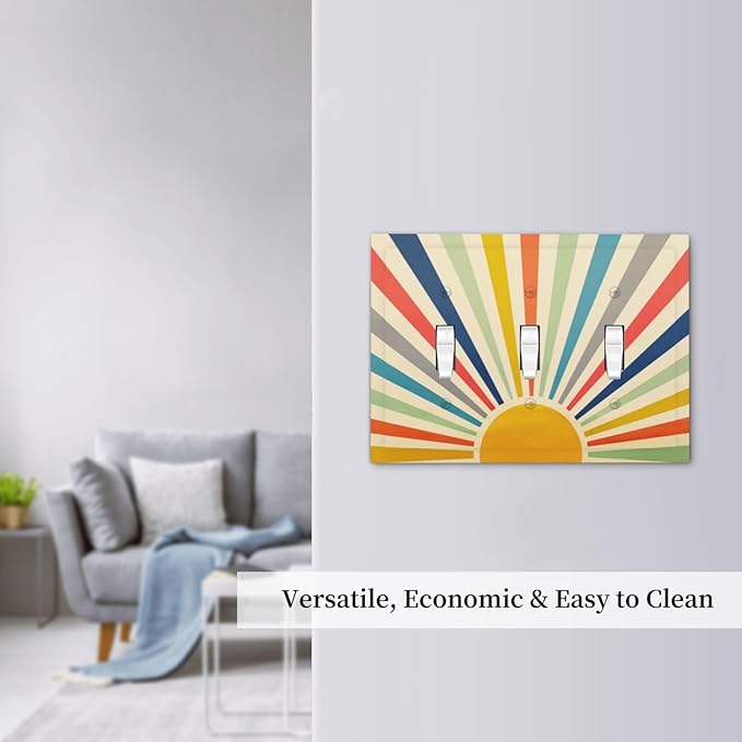 Yellow Orange Rainbow Mid Century 3 Gang Light Switch Cover Boho Sun 70s 60s Decorative Triple Toggle Outlet Wall Plate Cover Retro Vintage Retro Sunshine Sunrise Sunset Electrical Switch Face Plate