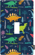 Dinosaur Light Switch Cover Plate Colorful Dinosaurs in Navy Blue Single Toggle Wall Plate 1-Gang Switchplate for Teen Boys