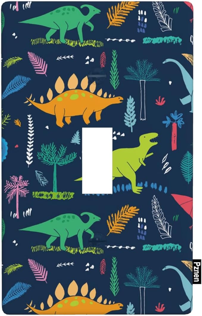 Dinosaur Light Switch Cover Plate Colorful Dinosaurs in Navy Blue Single Toggle Wall Plate 1-Gang Switchplate for Teen Boys