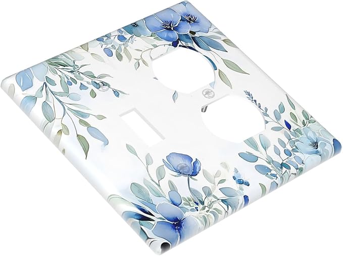 Watercolor Blue Flower Plant Floral Green Leaves Wallplates 1 Toggle 1 Duplex Switch Plate Electrical GFCI Faceplate Decorative Light Switch Covers for Bedroom Living Room Decor