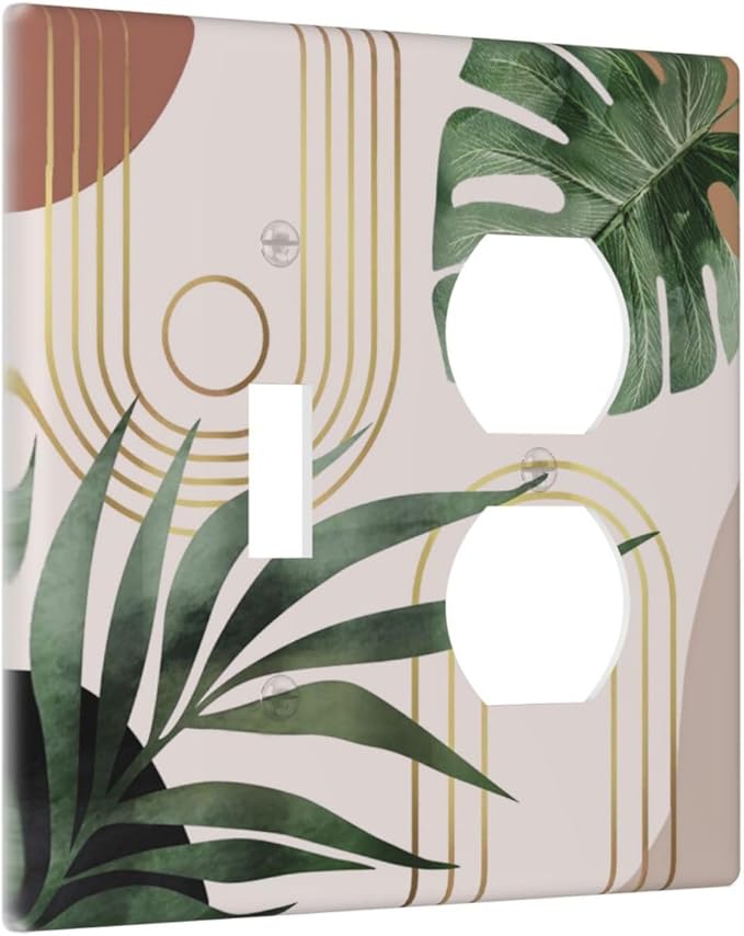 Tan Beige 70s Middle Mid Century Boho Art 2 Gang 1-Toggle/1-Duplex Combination Light Switch Cover Palm Leaf Aesthetics Sun Abstract Device Single Toggle Dual Receptacle Outlet Face Wall Plate Cover
