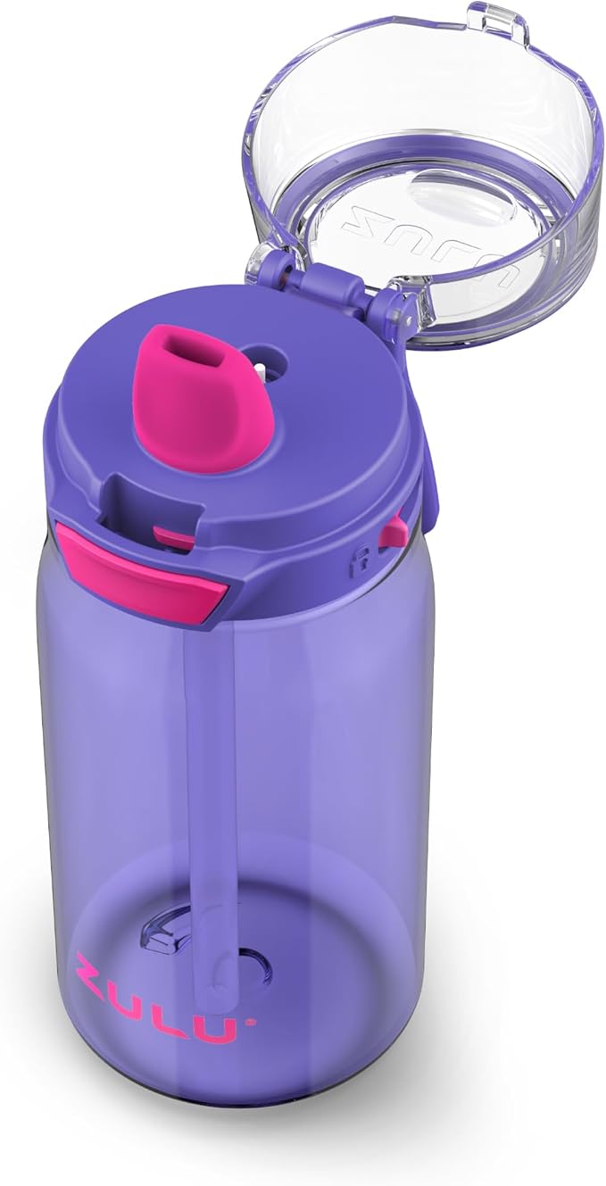 Zulu Kids Flex 16oz Tritan Plastic Water Bottle with Silicone Spout, Leak-Proof Locking Flip Lid and Soft Touch Carry Loop for School Backpack, Lunchbox, and Outdoor Sports, Purple