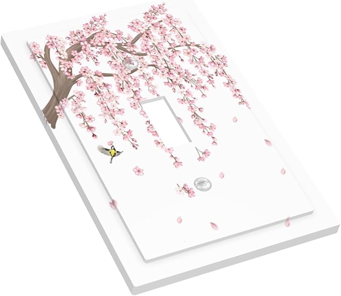 Pink Flower Tree Branch Cherry Blossom Tree Floral Birds Decorative Light Switch Cover 1 Gang Single Toggle Device Electrical Faceplate Switchplates Decorator Outlet Wall Plate for Bedroom Living Room
