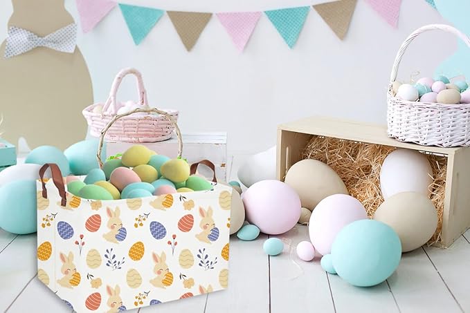 Essme Rectangular Easter Basket, Kids Storage bin Organizer with Handles for Easter Decor,Shelf Basket,Toy Organizer,Easter Gift.(Cute Easter)