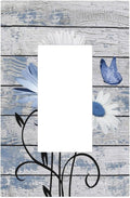 Blue White Daisy Flower Butterfly Rustic Wood Board Decorative Outlet Covers 1 Gang Single Rocker Light Switch Cover Plate Wall Plates GFCI Faceplate for Farmhouse Bedroom Decor