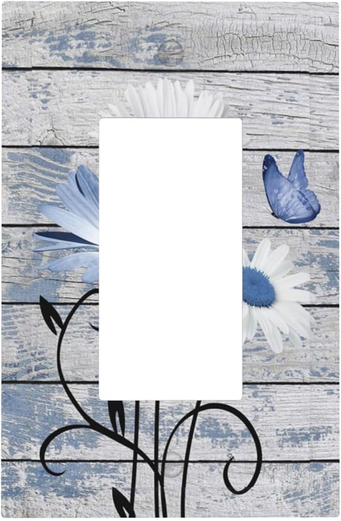 Blue White Daisy Flower Butterfly Rustic Wood Board Decorative Outlet Covers 1 Gang Single Rocker Light Switch Cover Plate Wall Plates GFCI Faceplate for Farmhouse Bedroom Decor