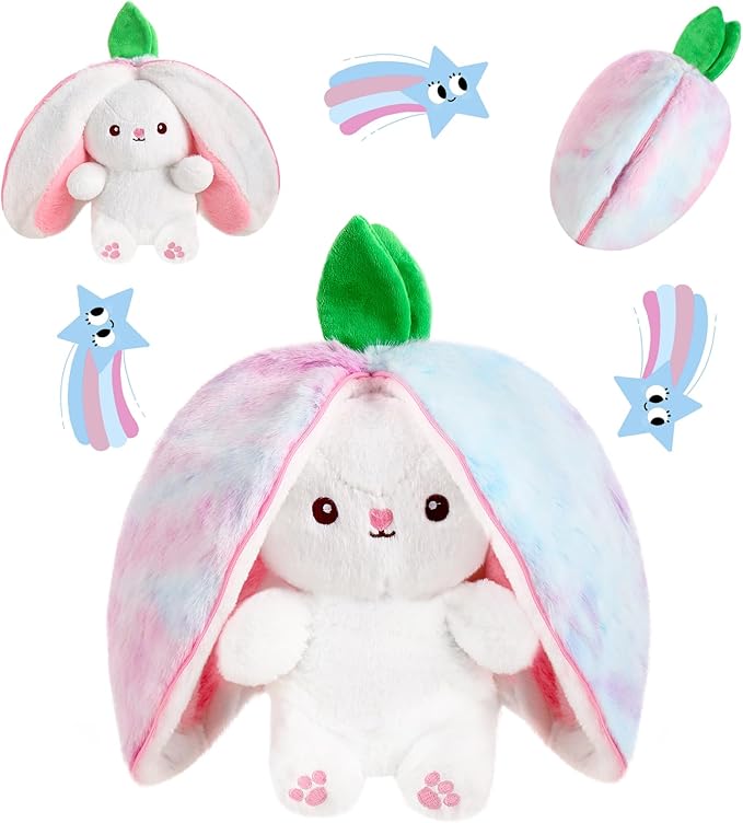 MIAODAM Strawberry Bunny Stuffed Animal, Cute Reversible Plush Strawberry to Rabbit Doll, Funny Bunny Toy for Babies and Children (7 Inch)
