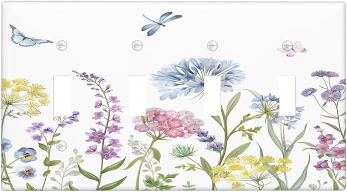 Colorful Wildflowers Dragonfly Lavender Butterfly Insect Light Switch Covers Quad Toggle Electrical Faceplate 4 Gang Wall Plate Decorative Switch Plates Cover for Bedroom Living Room Decor