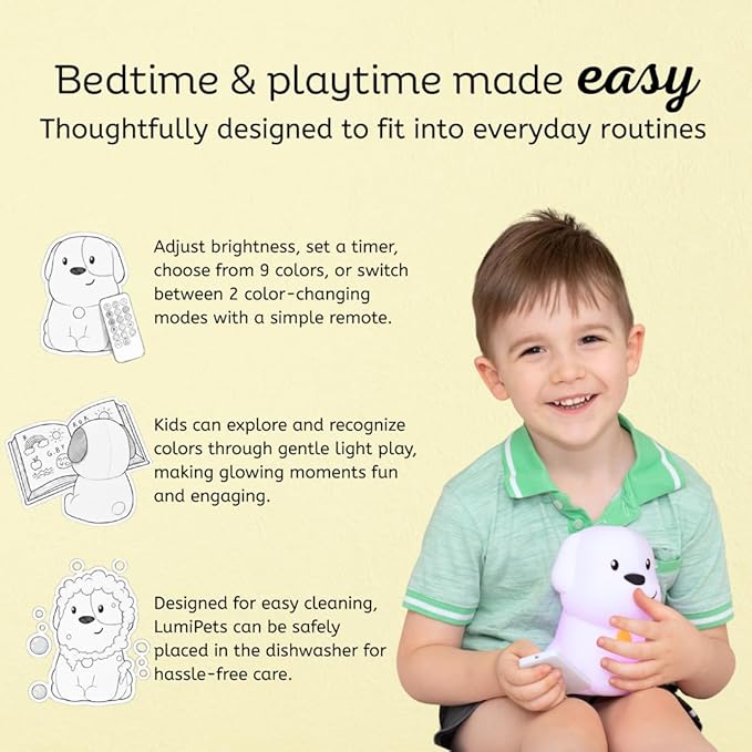 Lumipets Pepper The Puppy Dog Squishy Silicone Night Light for Kids | Cute Night Light with Remote & Touch Control for Baby & Toddler Bedrooms | Color Changing Animal Lamp | Soft Portable Nightlight
