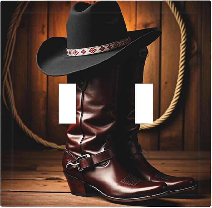 Western Cowboy Boots & Hat Double Toggle Switch Cover - 2-Gang Standard US Size Rustic Ranch Cowboy Light Switch Covers for Man Cave Bedroom Decor
