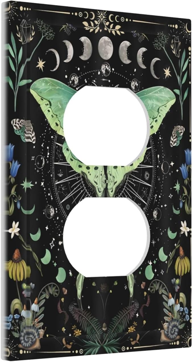 Moon Phase Butterfly Wildflower Plant Mysterious Night Moonlit Outlet Covers 1 Gang Duplex Light Switch Cover Decorative Switch Plates Electrical Receptacle Faceplate Wall Plate for Bedroom Home Decor