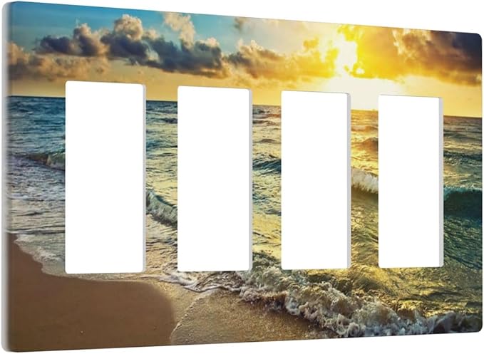 Sea Ocean Beach Sun Wave Sunrise 4 Gang Quad Rocker Light Switch Cover Plate Decorative Electric Faceplate Switchplate Living Room Bedroom Decorate Jumbo Screwless