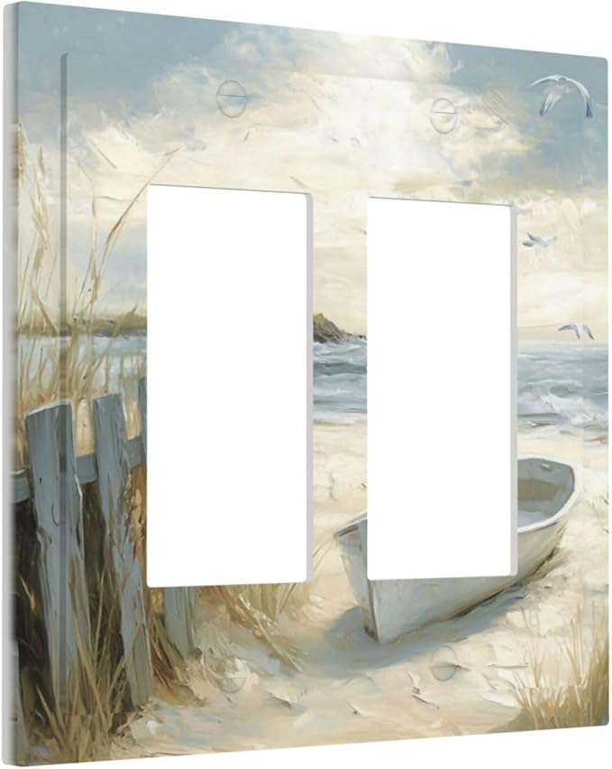 Sea Beach Double Rocker Light Switch Cover Old Ship Reed Lighthouse Seascape 2 Gang Outlet Covers Switchplates Decorative Wall Plate for Country Bedroom Kitchen Living Room Decor