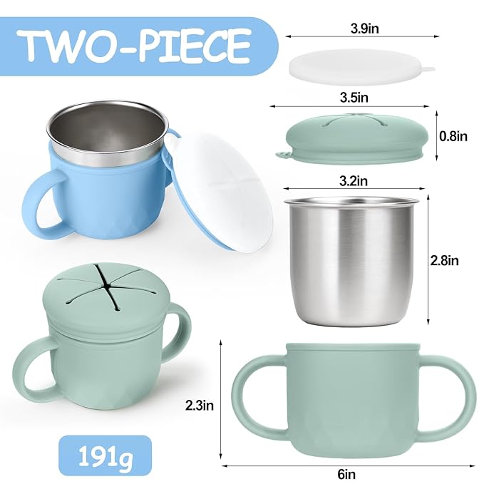 Mity rain 2-Pack Stainless Steel Snack Containers, 4-in-1 Spill proof Snack Cups With Silicone Lid and Handle, Dishwasher Safe Travel Snack Containers for Kids and Infants (Green + Blue)