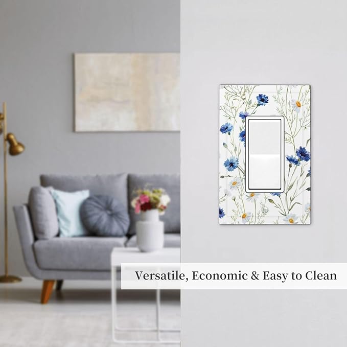 Light Switch Cover Plate Watercolor Daisy Blue Floral Vintage Plant 1 Gang Outlet Covers Single Rocker Decorative Switch plates Electrical Wall Plates GFCI Receptacle for Bedroom Home Decor