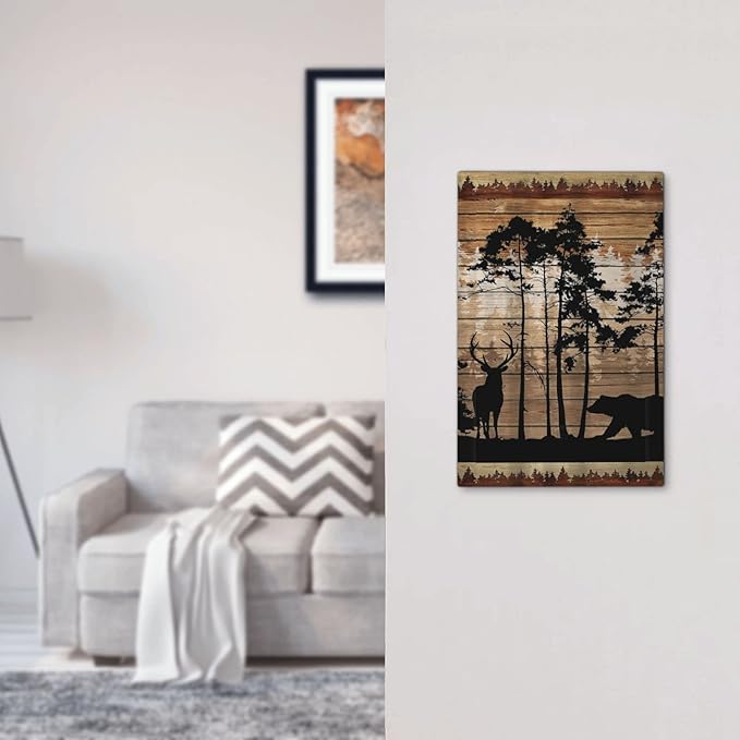 Rustic Mountain Forest Antler Elk Black Bear Deer Silhouettes Woodland Hunting Animals 1-Gang No Device Blank Wallplate Jumbo Size Unused Outlet and Light Switch Cover Decorative Plug Face Plate Cover