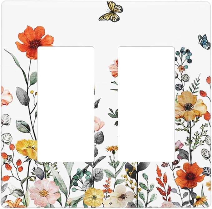 Vintage Colorful Floral Butterfly Wild Flower 2 Gang Double Decorator GFCI/Rocker Wall Plate Spring Nature Blossom Border Electrical Outlet Decorative Receptacle Cover Light Switch for Dimmer, USB