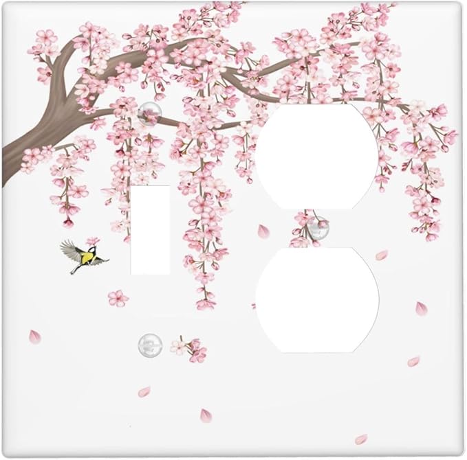 Pink Flower Tree Branch Cherry Blossom Tree Floral Birds Wallplates 1 Toggle 1 Duplex Switch Plate Electrical GFCI Faceplate Decorative Light Switch Covers for Bedroom Living Room Decor