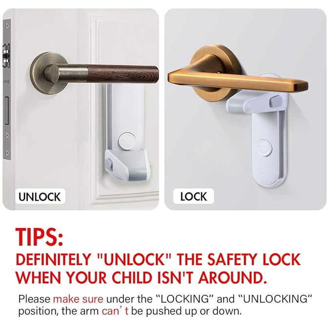 EUDEMON Childproof Door Lever Lock, Baby Safety Door Handle Lock, Easy to Install and Use Adhesive no Tools Need or Drill (White, 2 Pack)