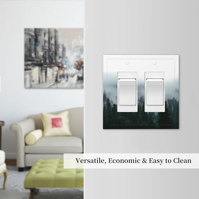 Forest Pine Forest Foggy Mountain Natural Scenery Decorative Outlet Covers 2 Gang Double GFCI Rocker Electrical Wall Panels Light Switch Cover Plate for Bed Room Living Room Decor