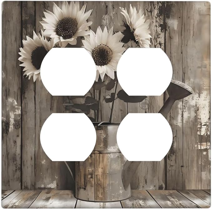 Rustic Floral Country Sunflower Daisy Old Wooden Boards Outlet Covers 2 Gang Double Duplex Decorative Light Switch Covers Electrical Wallplates Socket Faceplate for Farmhouse Home Decor