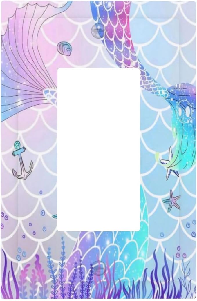 1 Gang Single Decorator/Rocker GFCI Outlet Wall Plate Light Switch Cover Plate Cute Girls Blue Purple Pink Mermaid Tail Scale Electrical Device Face Plug Plate for Dimmers, Receptacle, USB Outlet