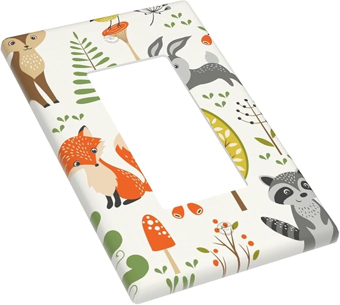 Woodland Animals 1-Gang Rocker Wall Plate, Forest Mushroom Switch Plate for Nursery, Kids Room, Playroom & Cabin