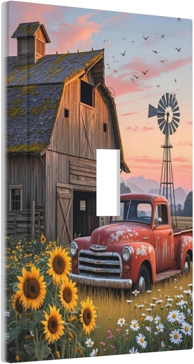 Rustic Barn Red Truck Windmill Sunflower Decorative Light Switch Cover 1 Gang Single Toggle Device Electrical Faceplate Switchplates Decorator Outlet Wall Plate for Farmhouse Home Decor