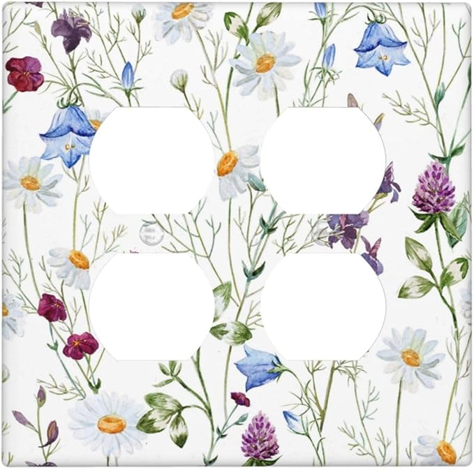 Floral Boho Multicolor Flower Plant Leaves Outlet Covers 2 Gang Double Duplex Decorative Light Switch Covers Electrical Wallplates Socket Faceplate for Bedroom Living Room Decor