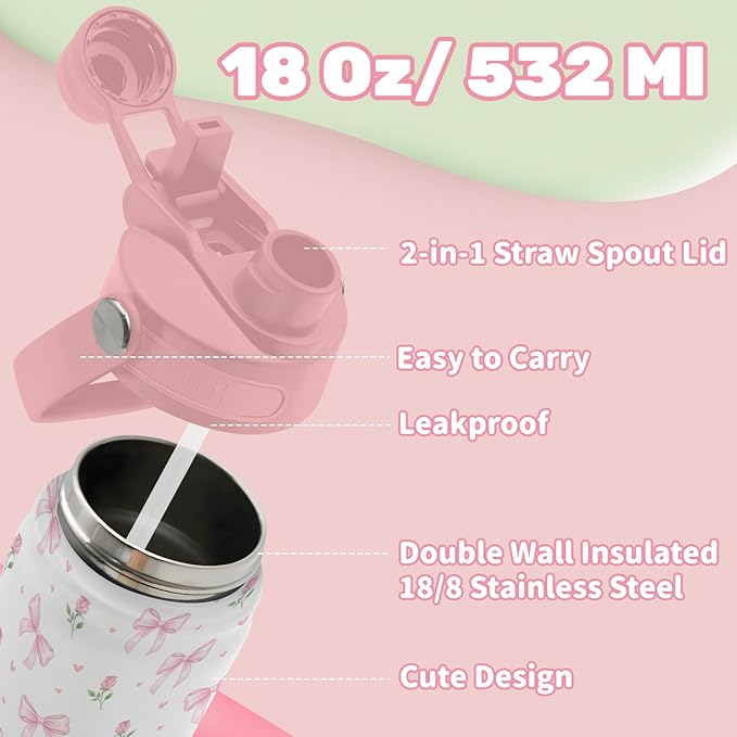 Insulated Water Bottle 18oz, Bow Water Bottle with 2-in-1 Straw and Spout Lid, Pink Bow Drinking Cup Leakproof, Cute Bows Coffee Travel Mug for Bows Lover, Birthday Gift Ideal for Women Man