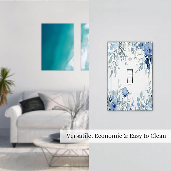 Watercolor Blue Flower Plant Floral Green Leaves Decorative Light Switch Cover 1 Gang Single Toggle Device Electrical Faceplate Switchplates Decorator Outlet Wall Plate for Bedroom Living Room Decor