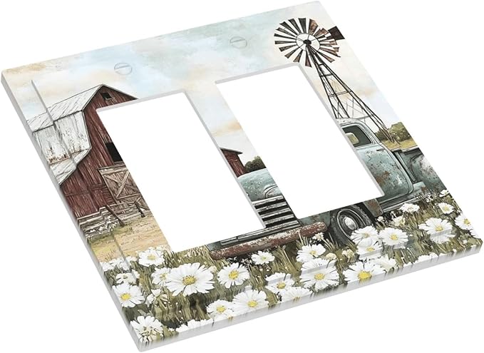 Retro Trucks Old Barn Windmill Teal Car Rustic Decorative Outlet Covers 2 Gang Double GFCI Rocker Electrical Wall Panels Light Switch Cover Plate for Farmhouse Home Decor