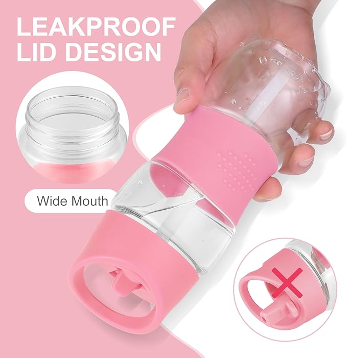 Sivaphe Clear Kids Water Bottle with Straw Cap 12 oz, Portable Leak-Proof Tritan Small Beverage Bottle 350 ml, Transparent Sports Drinking Bottle 350ml for School Girls Lightweight Pink