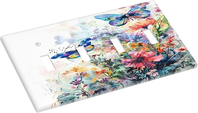 Light Switch Cover Plate Watercolor Colorful Floral Butterflies Wildflowers 4 Gang Quad Toggle Decorative Switch Plates Electrical Wall Plates Faceplate for Bathroom Bedroom Decor