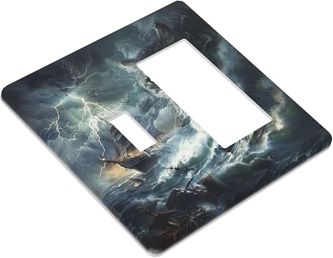 Light Switch Cover Plate funny Cat Stormy sea Lightning Sailboats 2 Gang Combo Wall Plates Toggle Rocker Decorative Switch Plates and Outlet Covers for Bathroom Kid Room Decor
