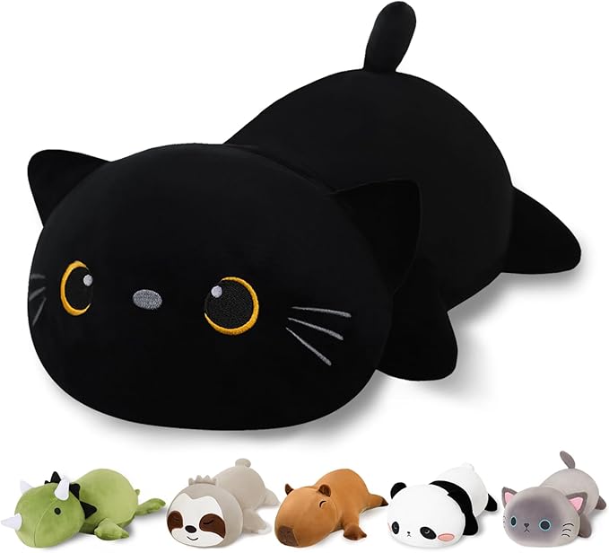 Finebee Weighted Black Cat Stuffed Animals, Cute Weighted Black Cat Plush, Soft Stuffed Weighted Plushie Pillow Gifts for Girls Boys(13.8" 1.6Lbs)