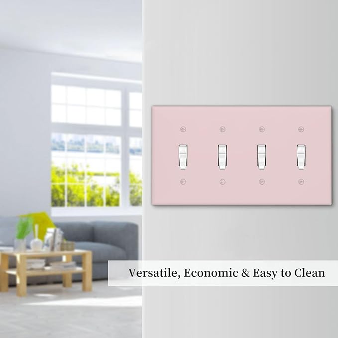 Decorative Cute Light Pink 4 Gang Quad Toggle Light Switch Cover, Solid Valentine's Day Pink Colored Electric Quadruple Device Decorator Outlet Switch Face Wall Plate Covers Standard Size